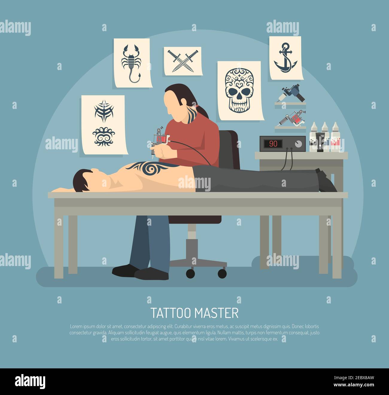 Colored flat tattoo studio composition with master tattooist on session