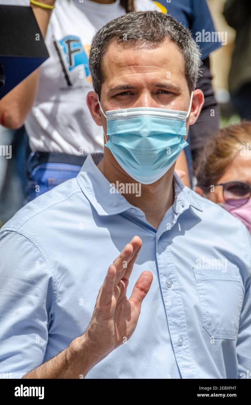 Juan Guaidó, president of the Venezuelan National Assembly, and recognized as president in charge of Venezuela in the protest by students and youth fr Stock Photo