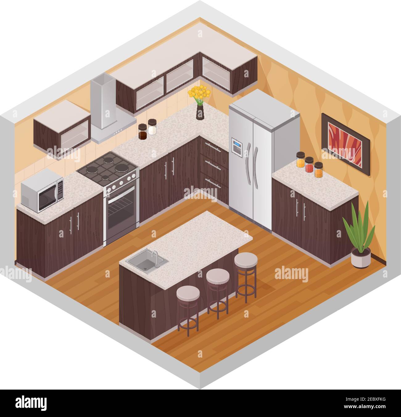 Kitchen modern interior design composition in isometric style with ...