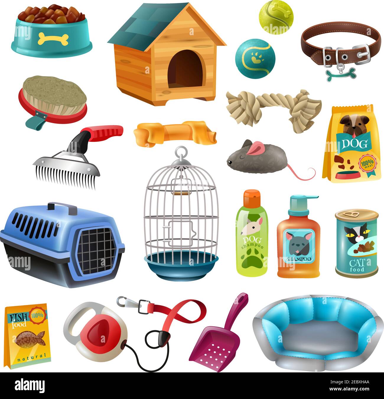 Isolated pet care accessory images set with wooden kennel dog-lead toys brushes and preserved food vector illustration Stock Vector