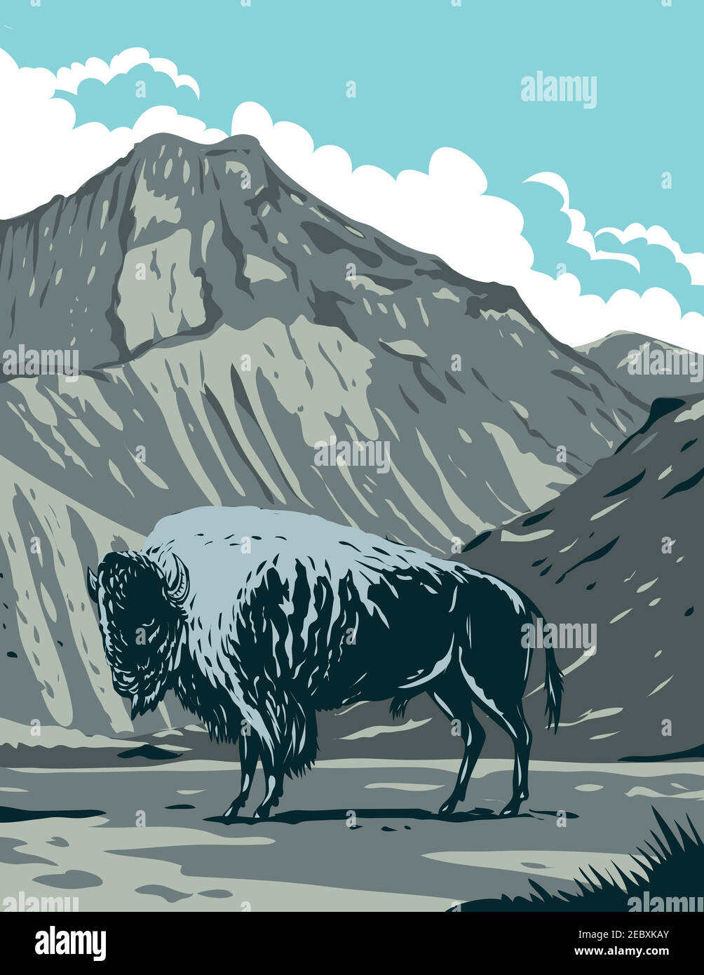 WPA poster art of an American bison with Eagle Peak mountain in Yellowstone National Park, Wyoming, United States of America done in works project adm Stock Vector