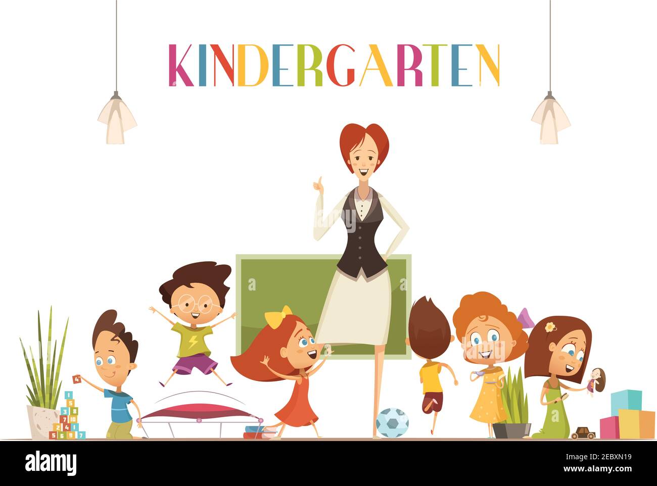 Kindergarten teacher in positive classroom environment coordinates children activities for effective learning retro cartoon poster illustration vector Stock Vector