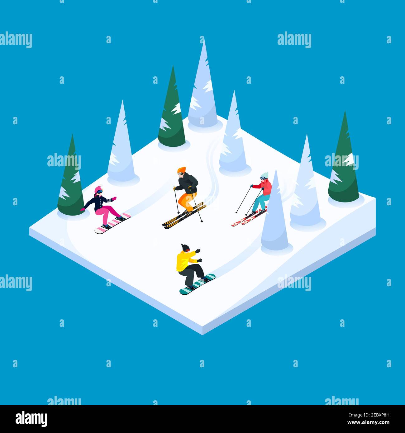 Skiing hill square isometric scenery element with colorful skiers and