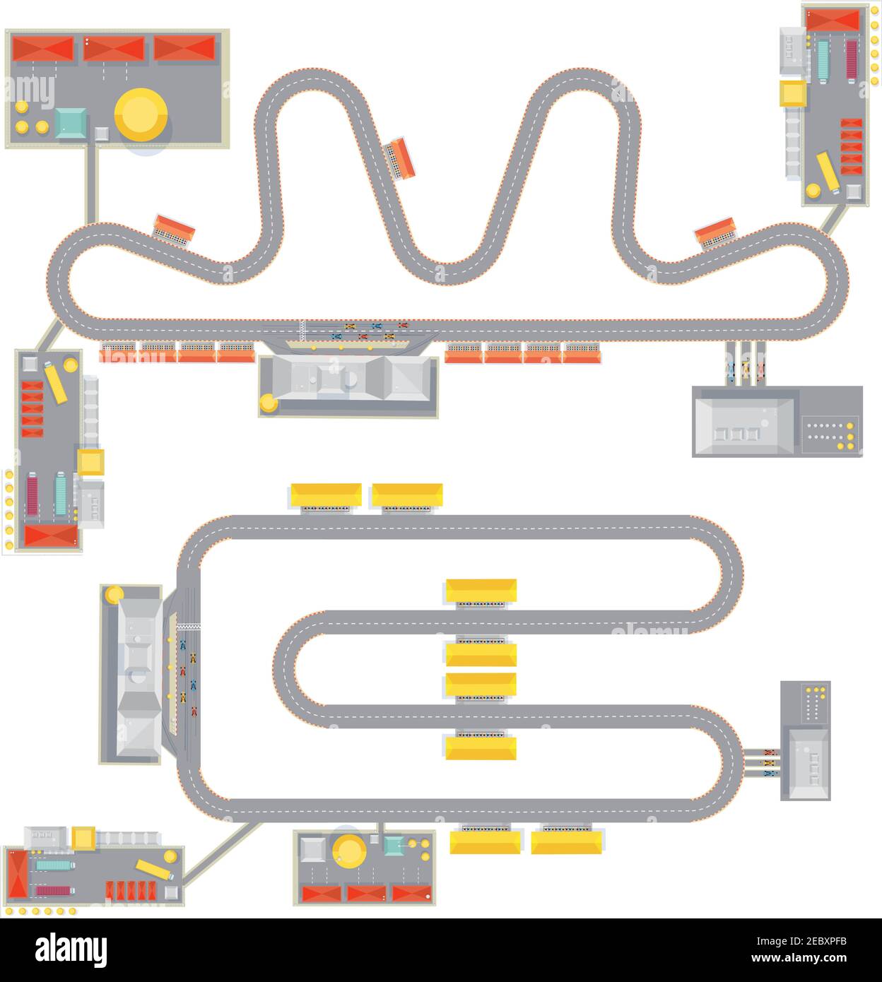 Two isolated complete race track pattern images with top view of course garage buildings and tribunes vector illustration Stock Vector