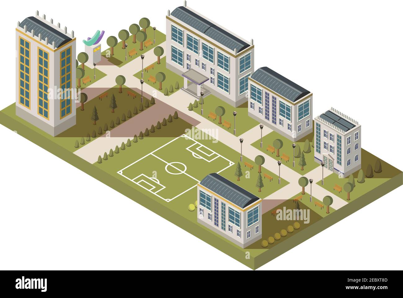 Isometric university big composition with campus yard lanes houses with ...