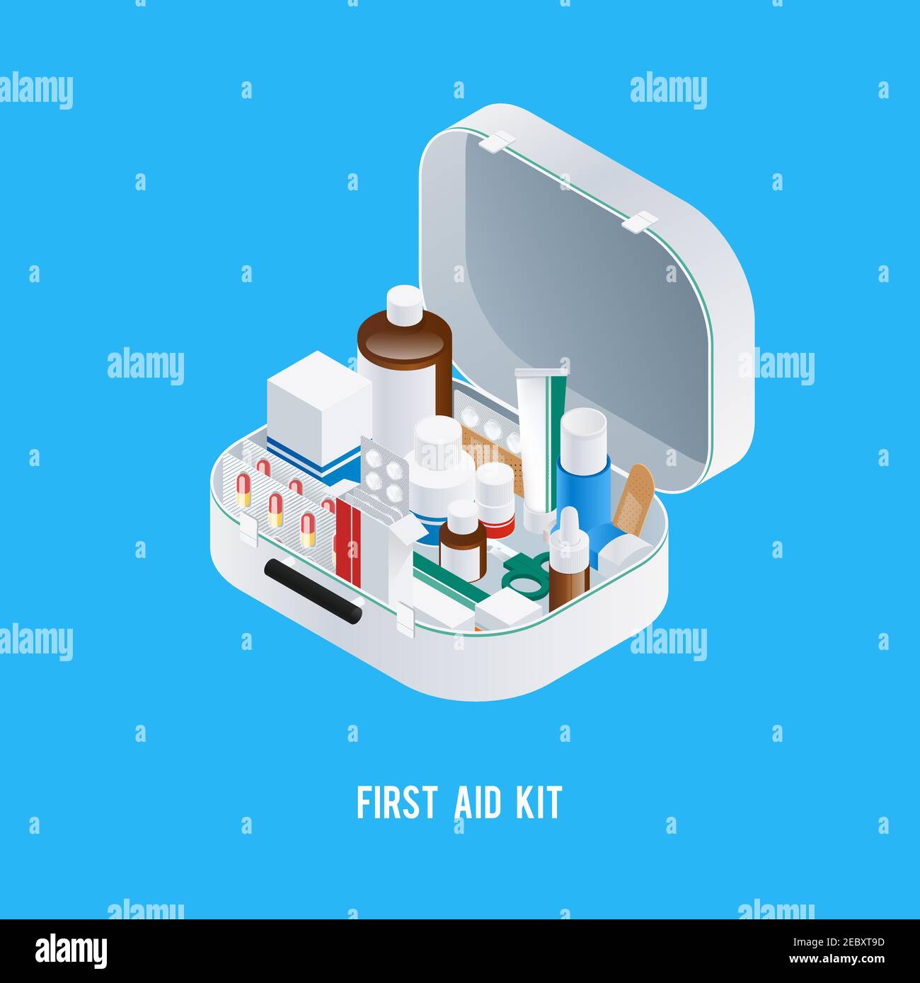 Pharmacy aid kit composition with isometric image of medicine box