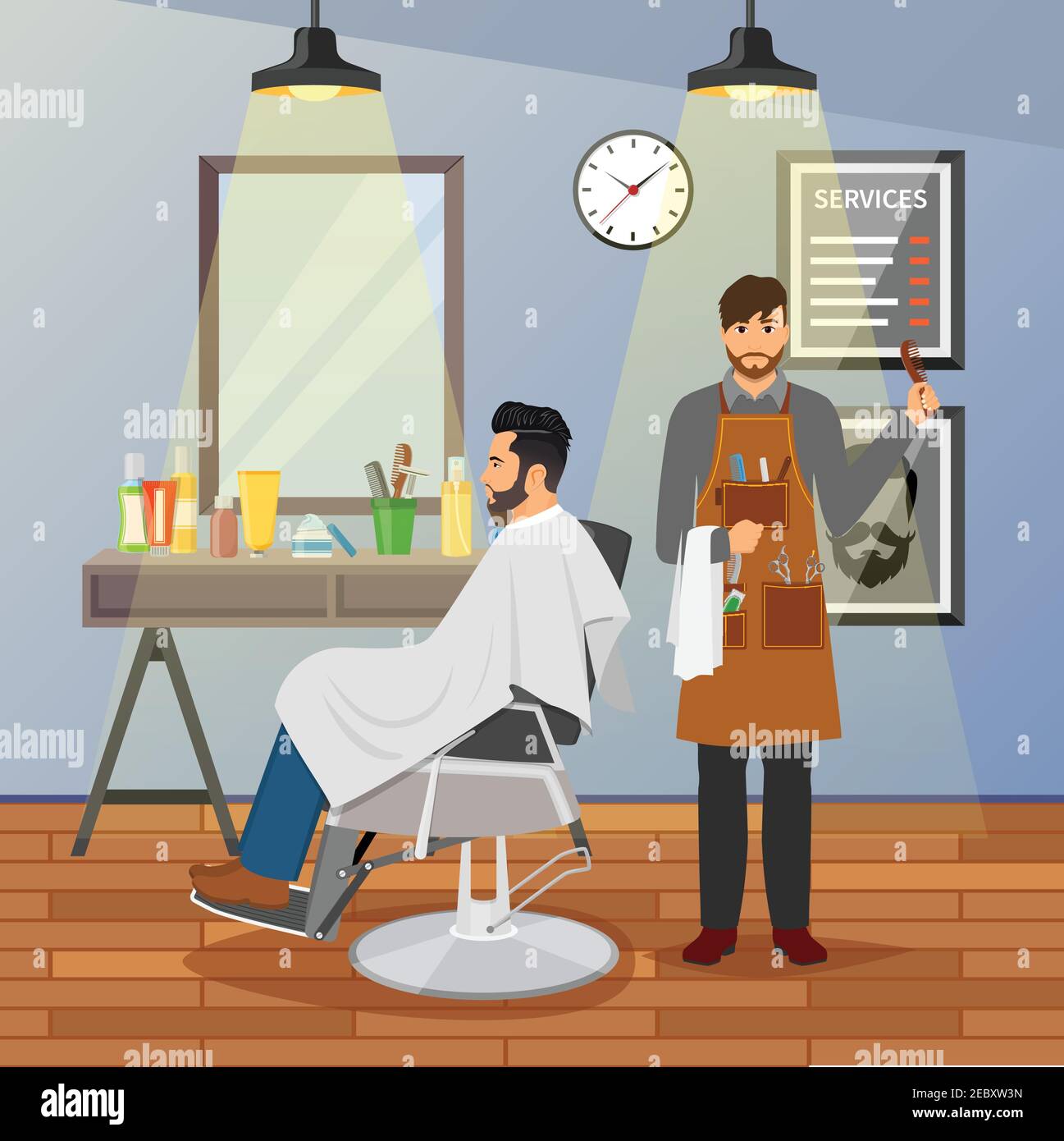 Barber shop flat design with hairdresser with working tools and client