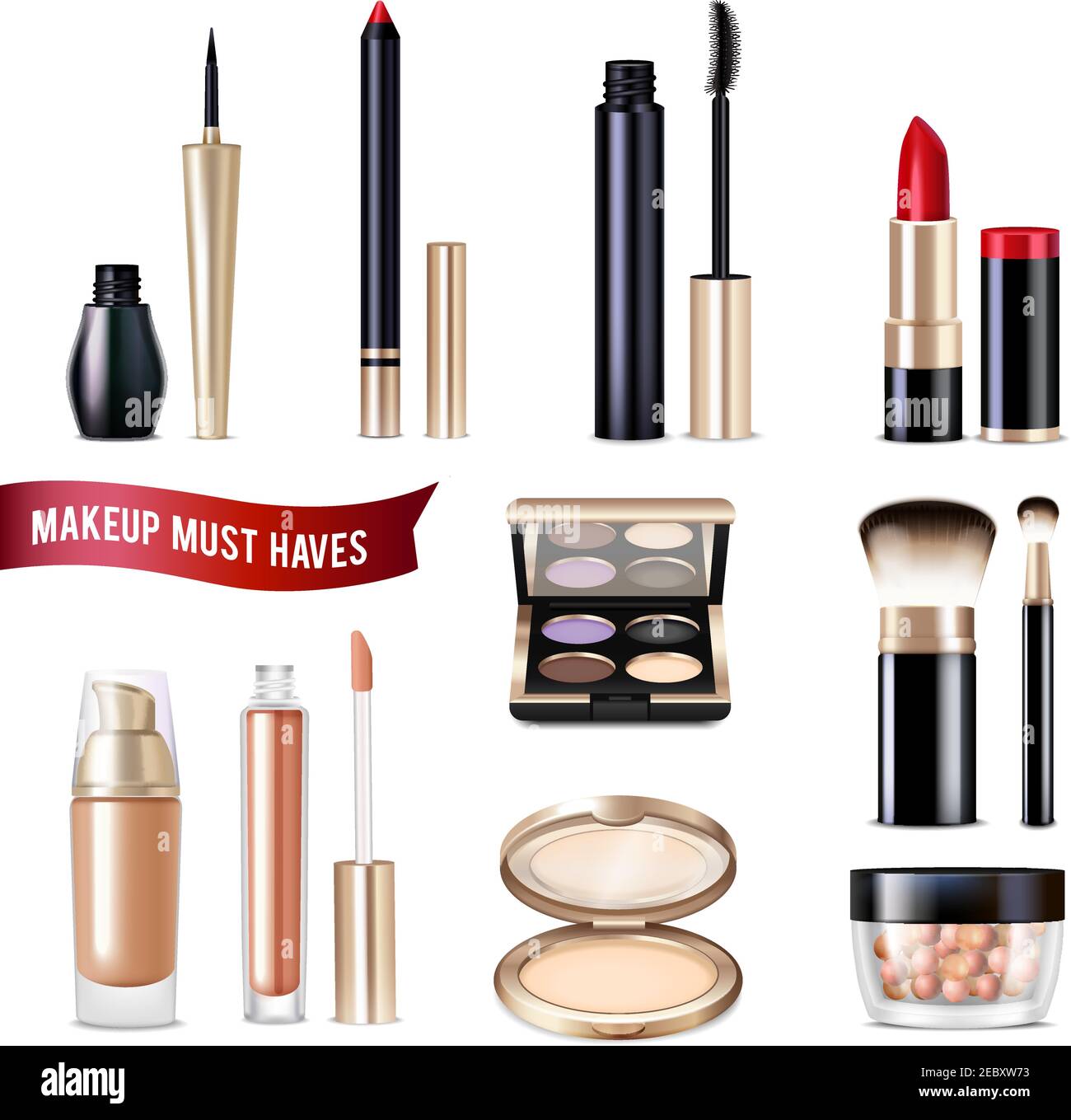 Makeup realistic items set with powder eyeliner and lip gloss isolated vector illustration Stock