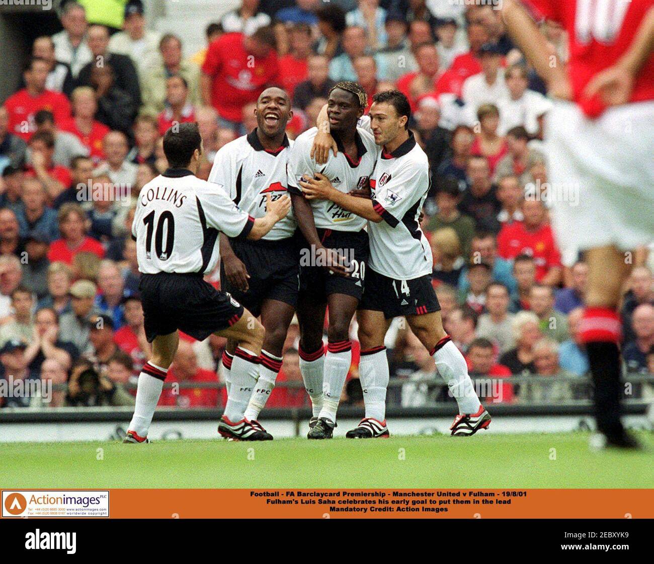 Football - FA Barclaycard Premiership - Manchester United v Fulham - 19/8/01  Fulham's Louis Saha celebrates his early goal to put them in the lead  Mandatory Credit: Action Images Stock Photo