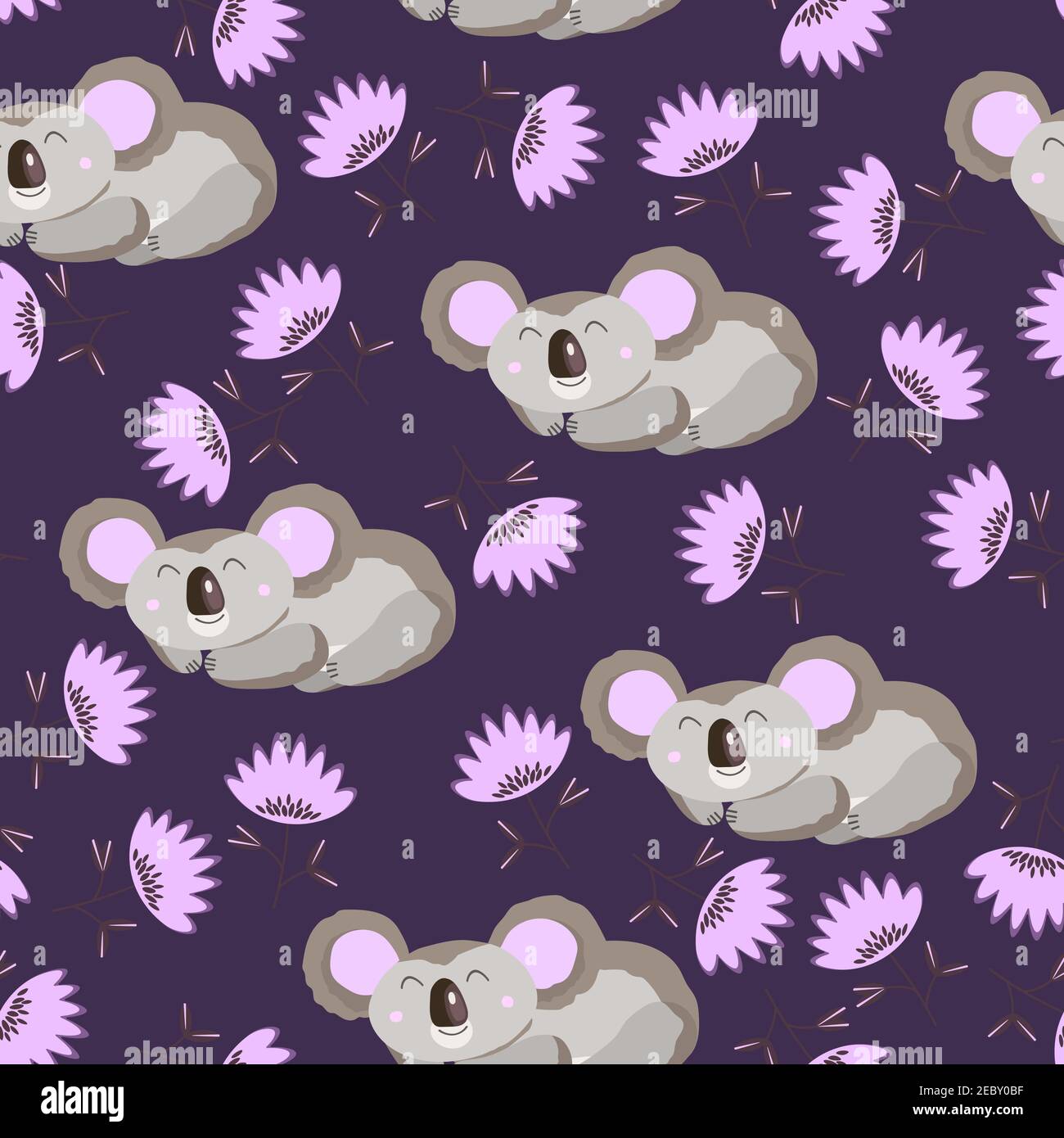 Seamless pattern with cute koala baby and flowers on color background ...