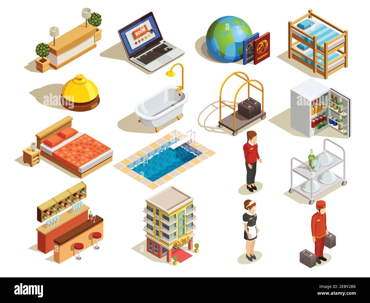 Hotel isometric icon set with guestroom beds bath reception desk room ...