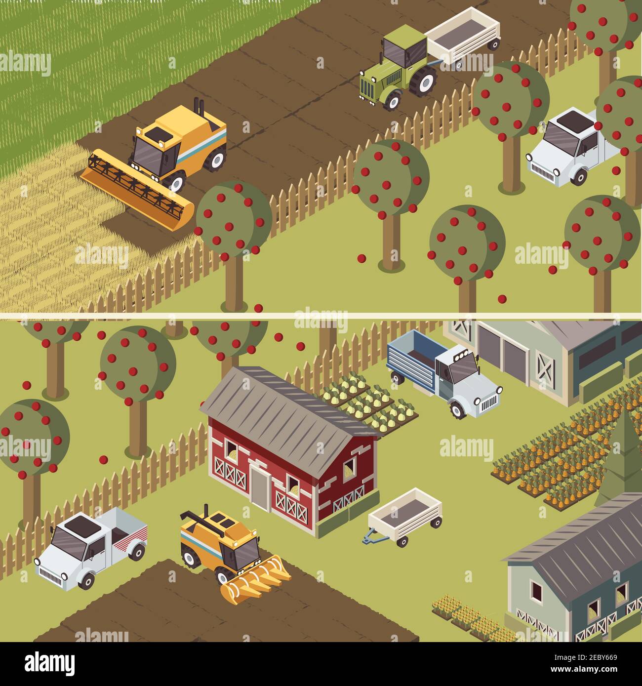 Ranch isometric horizontal banners with agricultural vehicles and ...