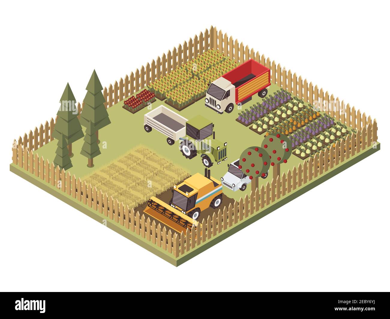 Agricultural vehicles isometric design with harvesting machine truck and tractor farmland and garden beds vector illustration Stock Vector