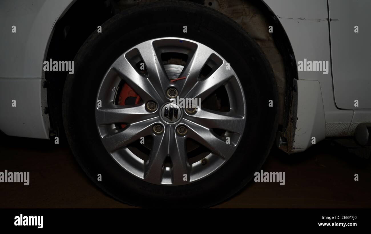 08 February 2021- Khatoo, Jaipur, India. Automobile wheel chain with silver polish. Modern Golden aluminium wheel chain closeup. Stock Photo