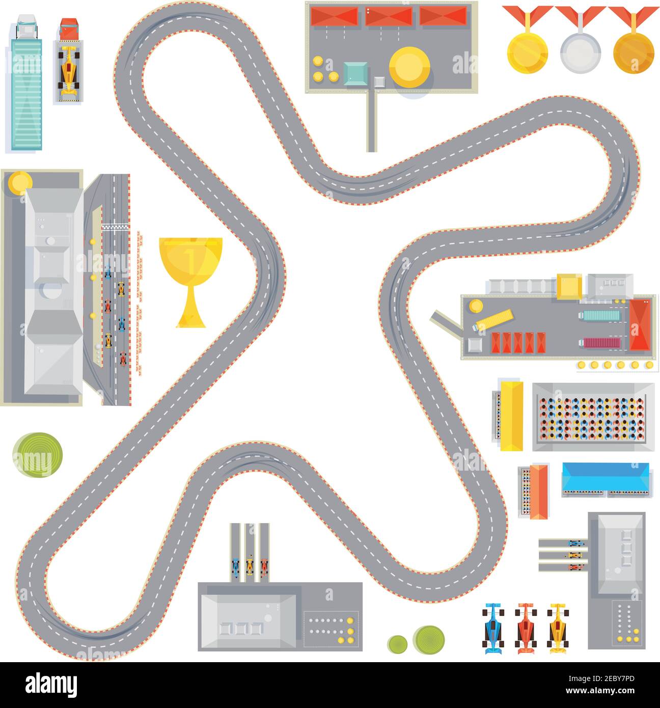 Composition with curvy racing track garages service stations and race car images cup and medals icons vector illustration Stock Vector