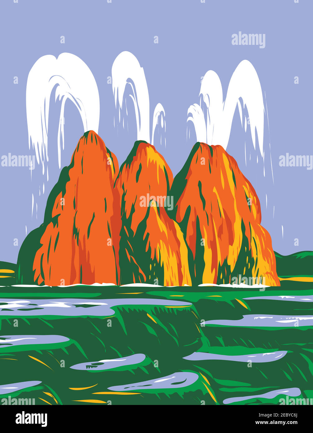WPA poster art of the Fly Geyser or Fly Ranch Geyser, a small colorful geothermal geyser located in Washoe County, Nevada, done in works project admin Stock Vector