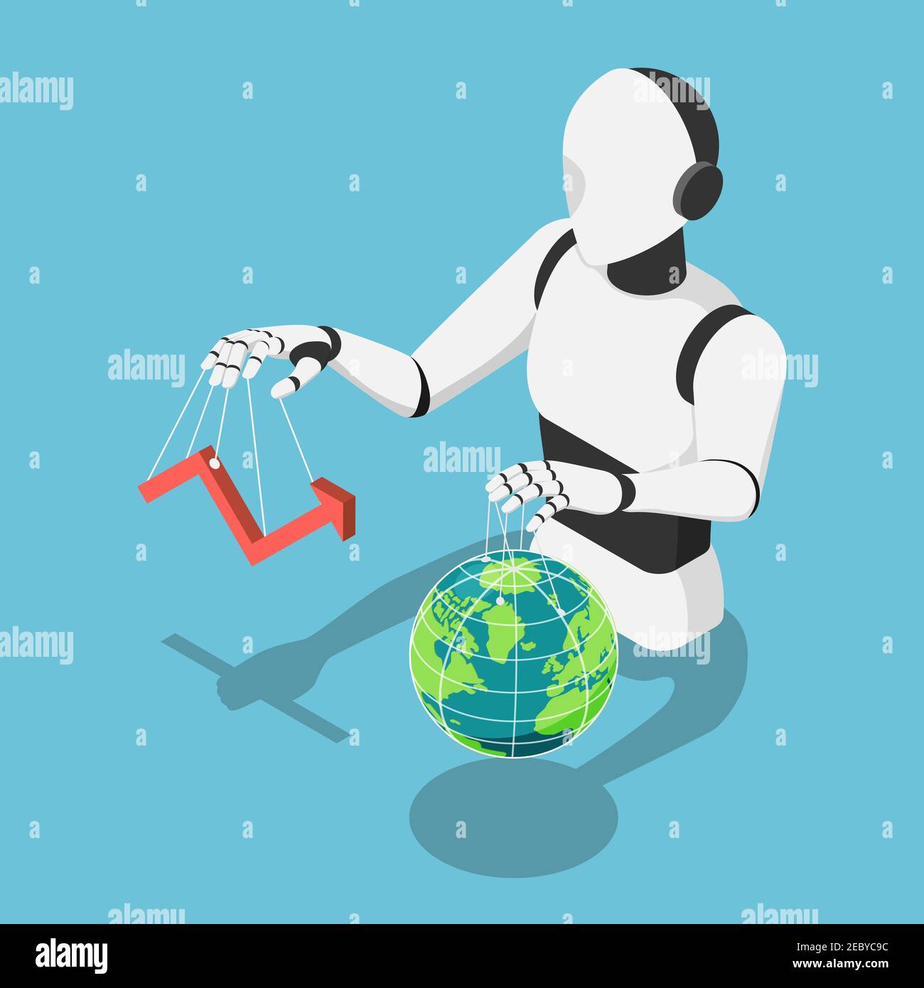 Flat 3d Isometric Ai Robot Controlling market financial chart and The World Globe. Ai Artificial Intelligence Control The Infrastructure of Entire Pla Stock Vector