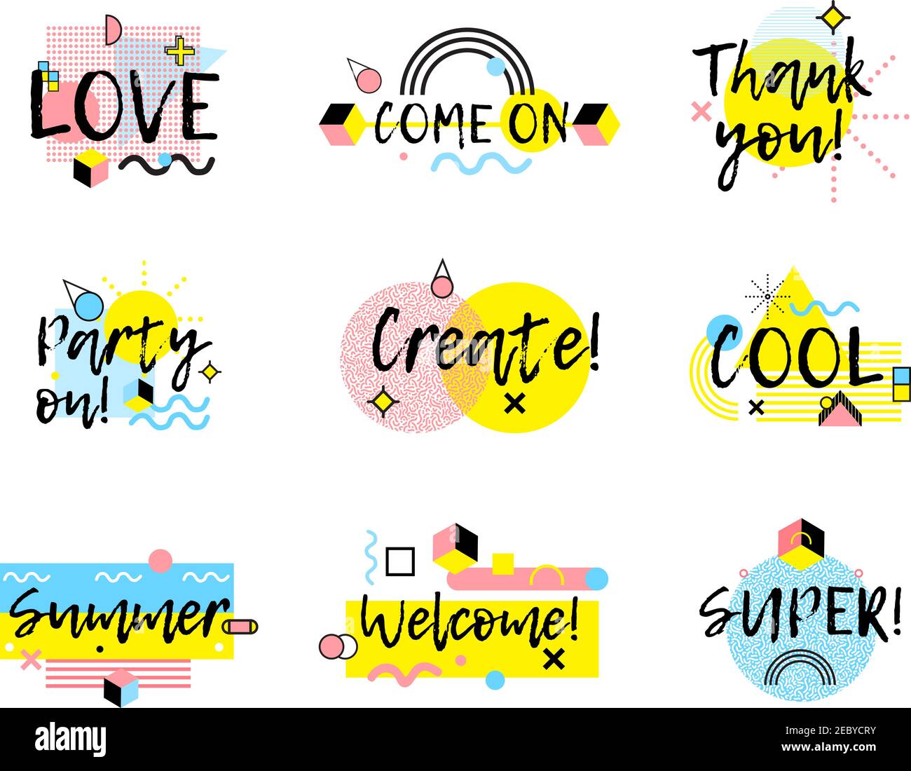 Collection of hand drawn phrases in  memphis style with colorful lines and geometric shapes isolated vector illustration Stock Vector