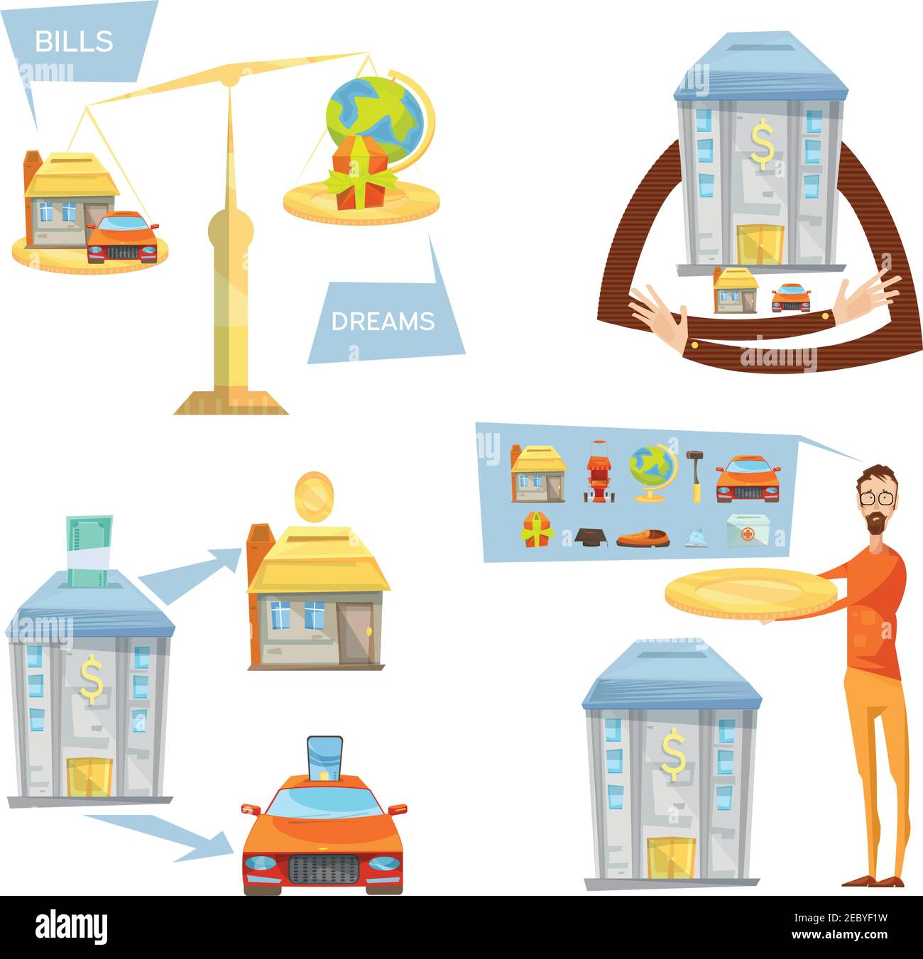 Debt concept with isolated conceptual images of scales banking house ...