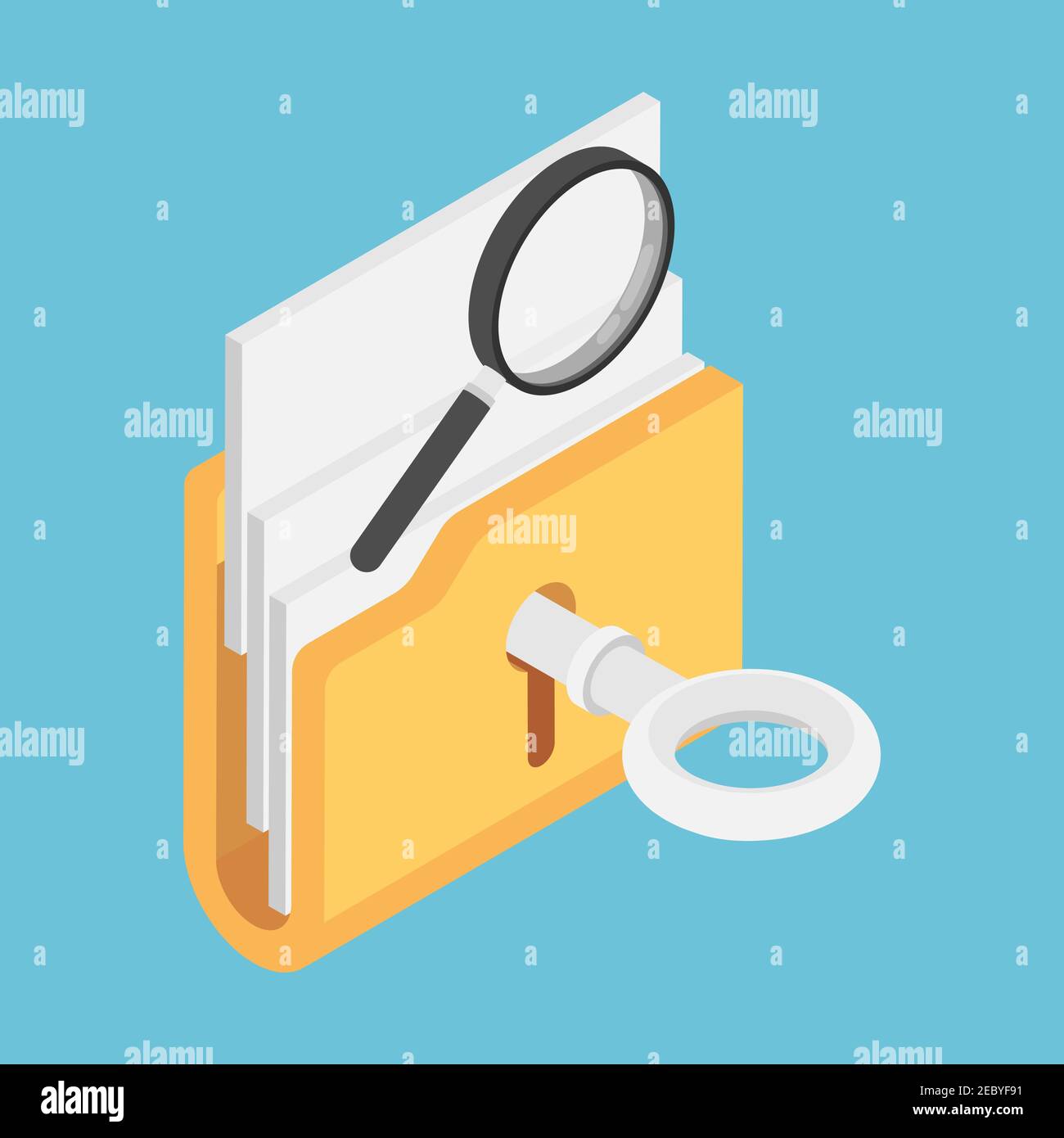 Flat 3d Isometric Key Unlock Folder with Magnifying Glass on Top. Open ...