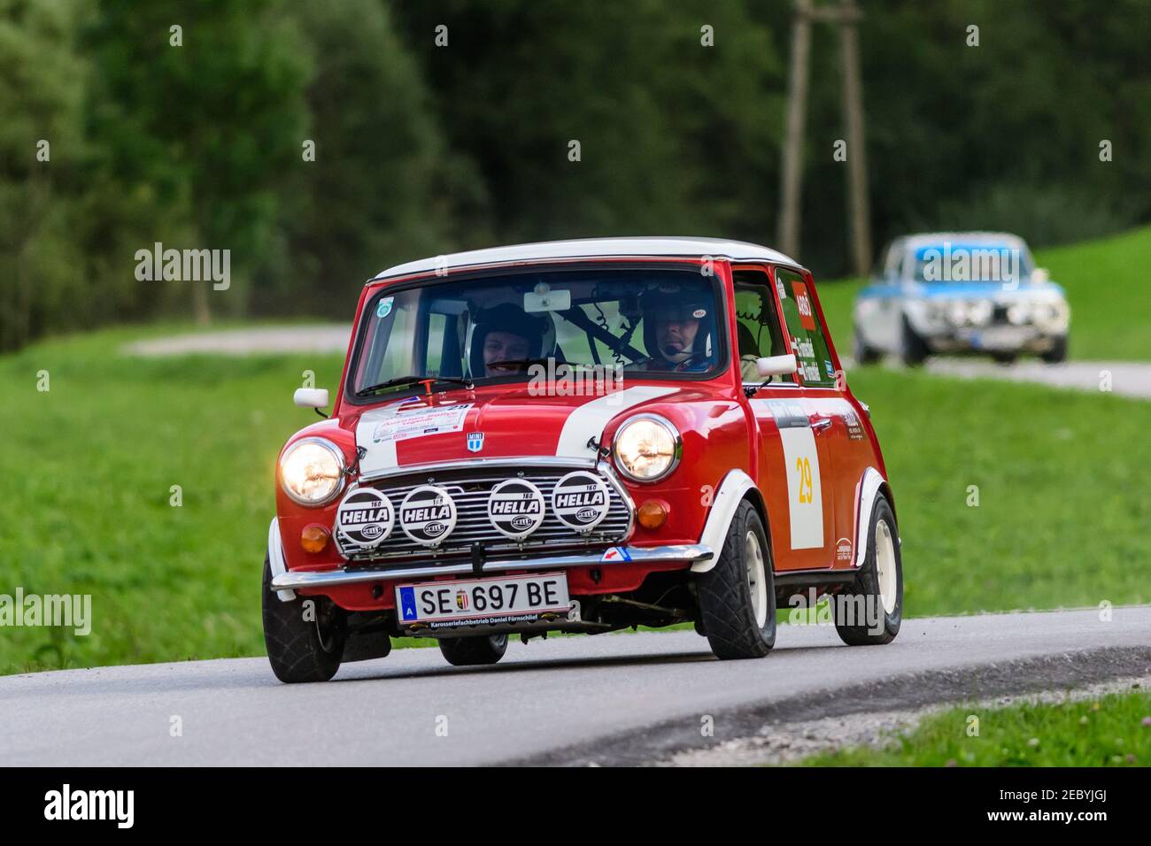 windischgarsten, austria, 15 sep 2017, austrian rallye legends, arboe rallye , competition for vintage race cars and rallye cars, austin mini cooper 1 Stock Photo