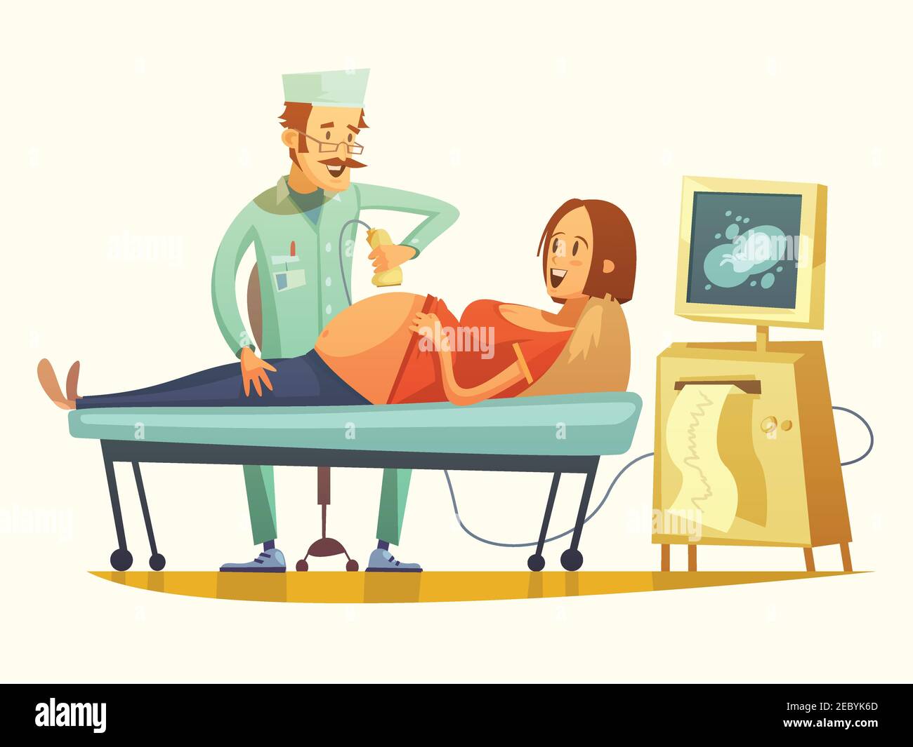 Late pregnancy ultrasound screening for birth weight prediction and fetal hart rate monitoring retro cartoon vector illustration Stock Vector