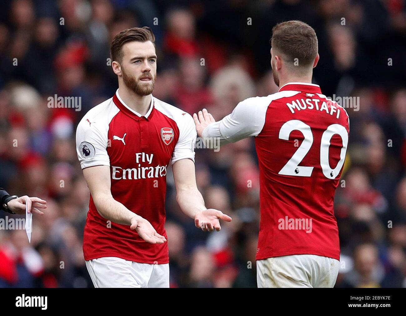 Soccer Football - Premier League - Arsenal vs Watford - Emirates Stadium, London, Britain - March 11, 2018   Arsenal's Calum Chambers comes on as a substitute to replace Shkodran Mustafi    REUTERS/Eddie Keogh    EDITORIAL USE ONLY. No use with unauthorized audio, video, data, fixture lists, club/league logos or 'live' services. Online in-match use limited to 75 images, no video emulation. No use in betting, games or single club/league/player publications.  Please contact your account representative for further details. Stock Photo