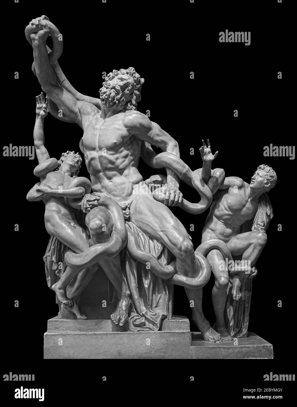 Front view of famous laocoon roman copy sculpture isolated on black