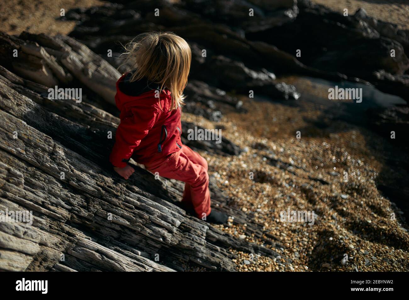 A little preschooler is sitting on a rock on the beach in winter Stock Photo