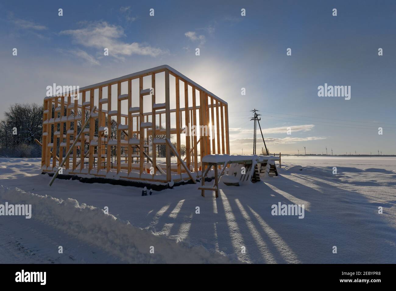 New residential construction of wooden frame house cold winter weather Stock Photo