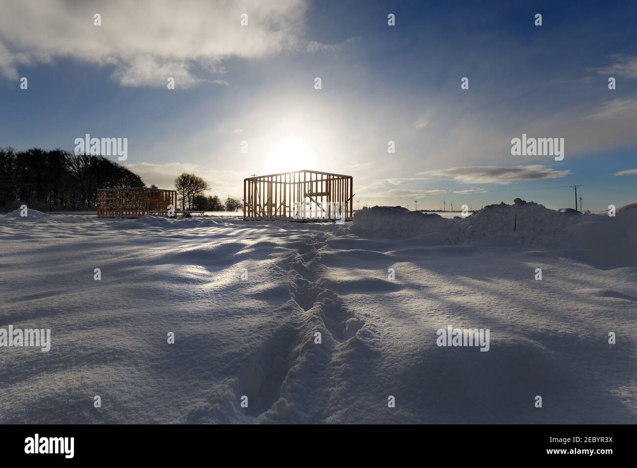 New residential construction of wooden frame house cold winter weather Stock Photo