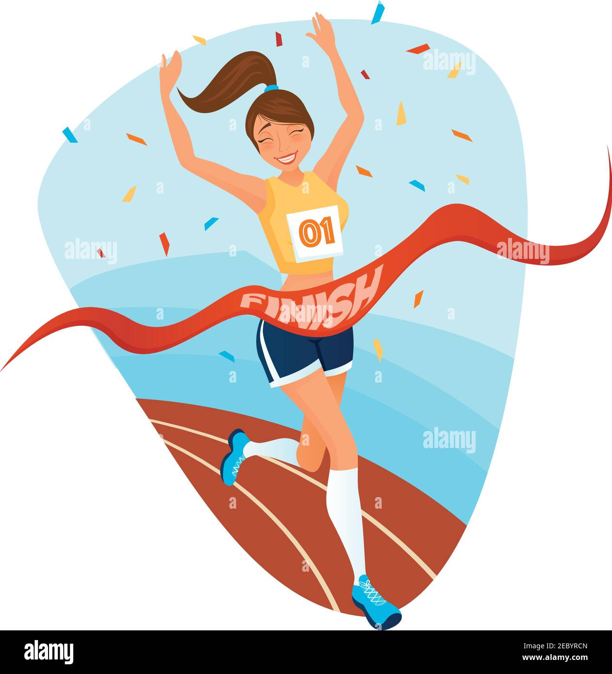 Winner girl design concept with young female athlete in sportswear running on treadmill to finishing tape flat vector illustration Stock Vector