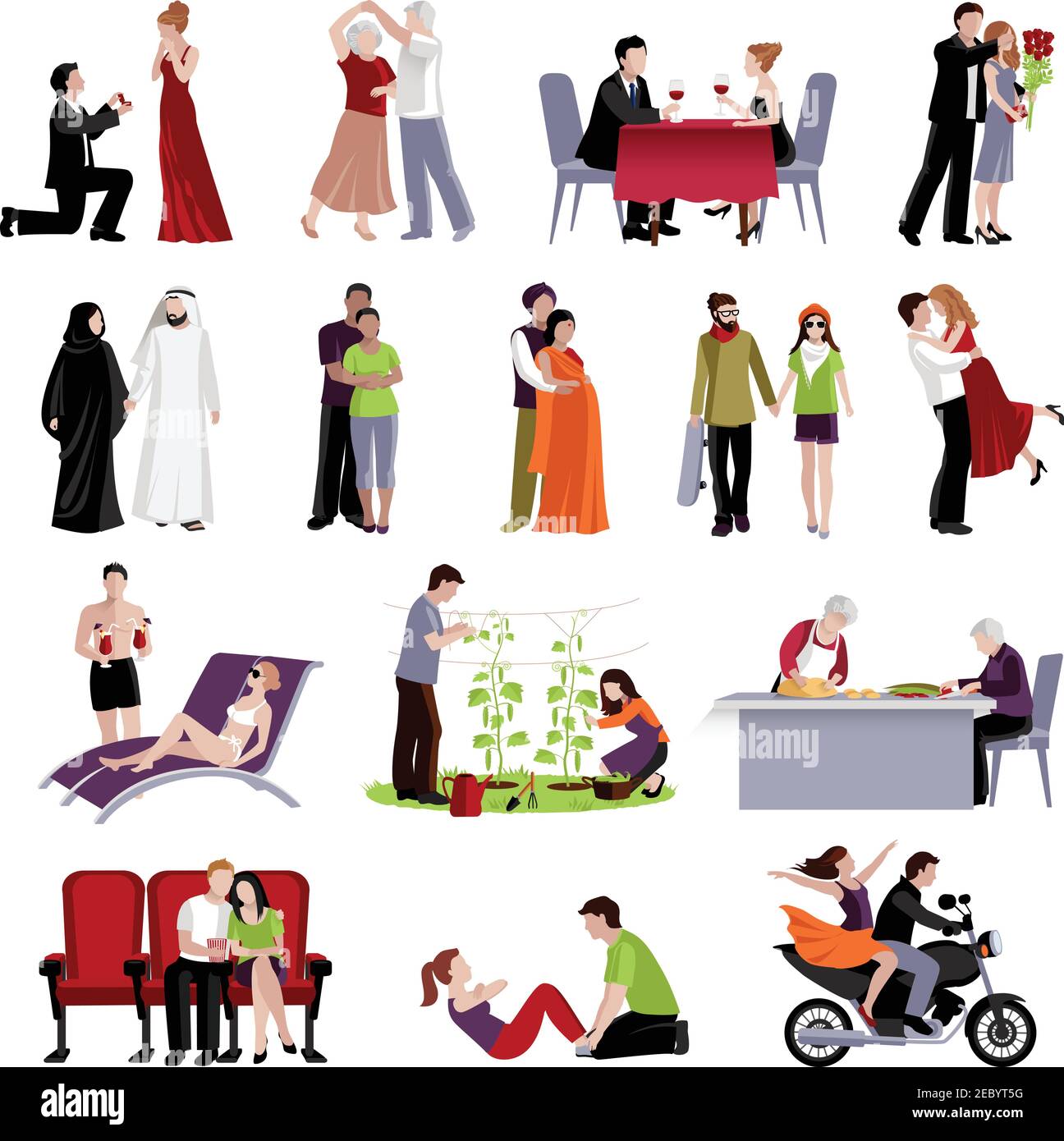 Couples people of different age and nationalities spending time together in various places flat set on white background isolated vector illustration Stock Vector