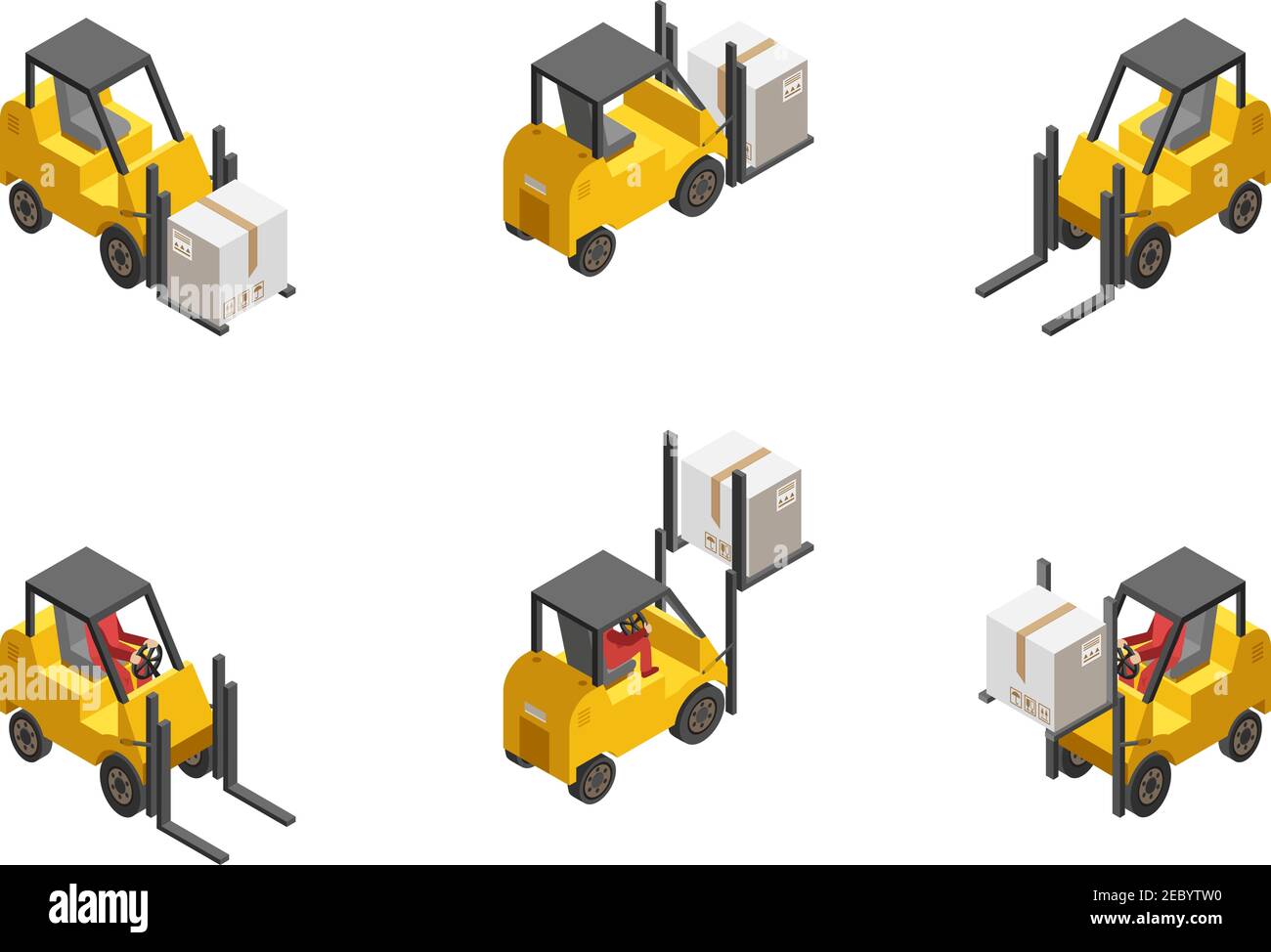 Yellow forklift truck with box set isolated on white background ...