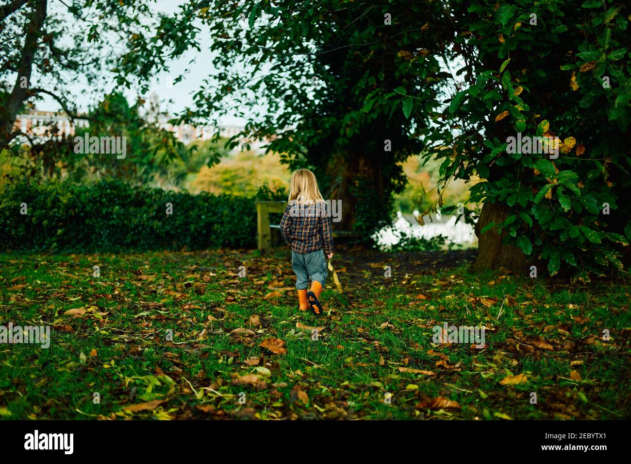 A little preschooler is playing in a garden on a sunny autumn day Stock Photo