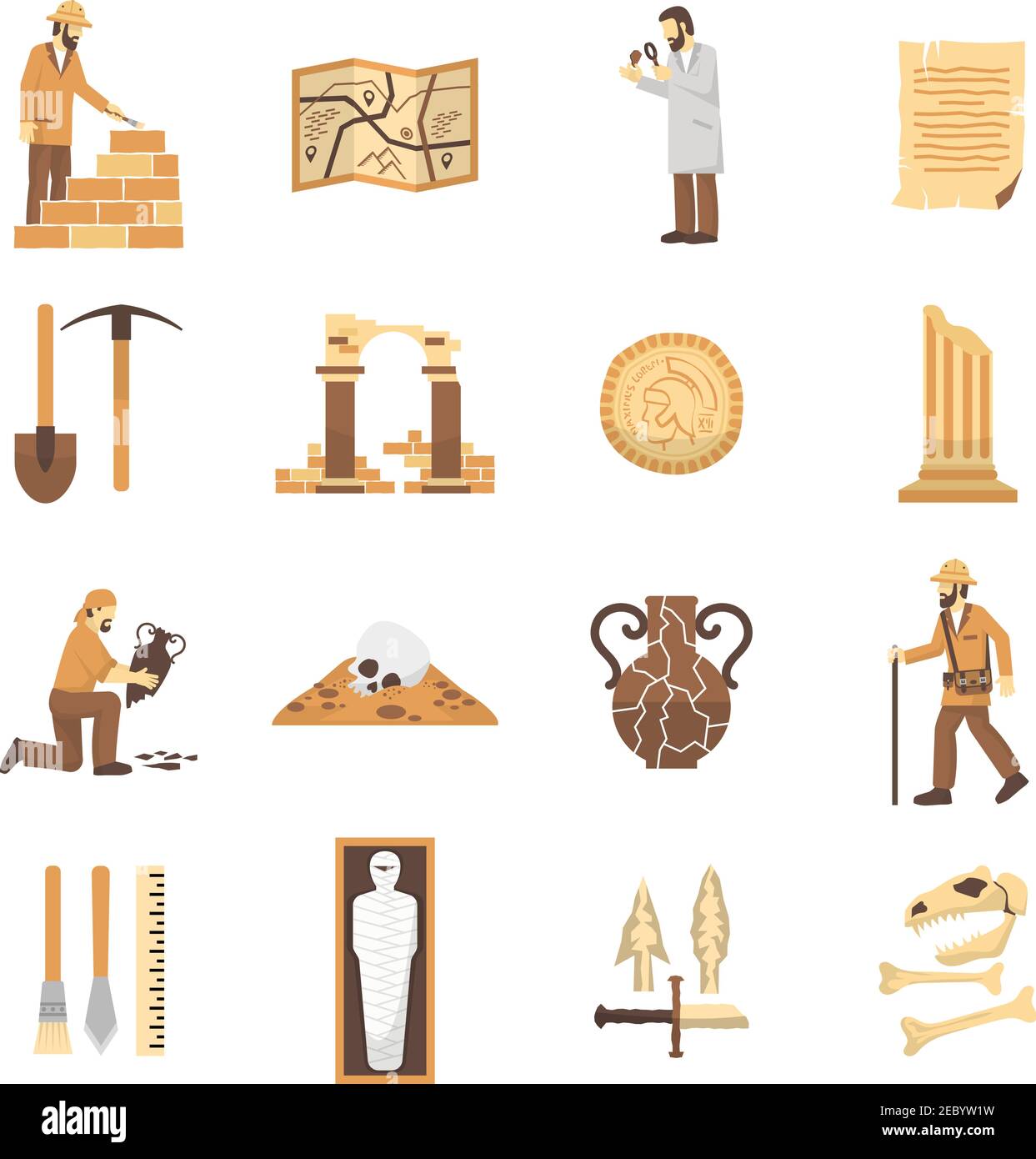 Set of color flat icons depicting archeology elements finds equipment scientist vector illustration Stock Vector