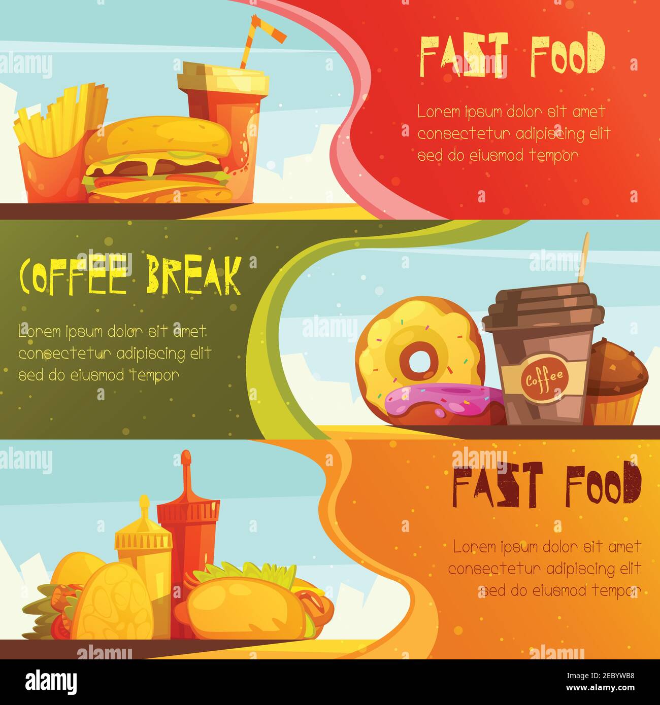 Fast food restaurant advertisement horizontal banners set with coffee break meal offer isolated retro cartoon vector illustration Stock Vector Image & Art - Alamy Fast food restaurant advertisement horizontal banners set with coffee break meal offer isolated retro cartoon vector illustration Stock Vector Image & Art - Alamy