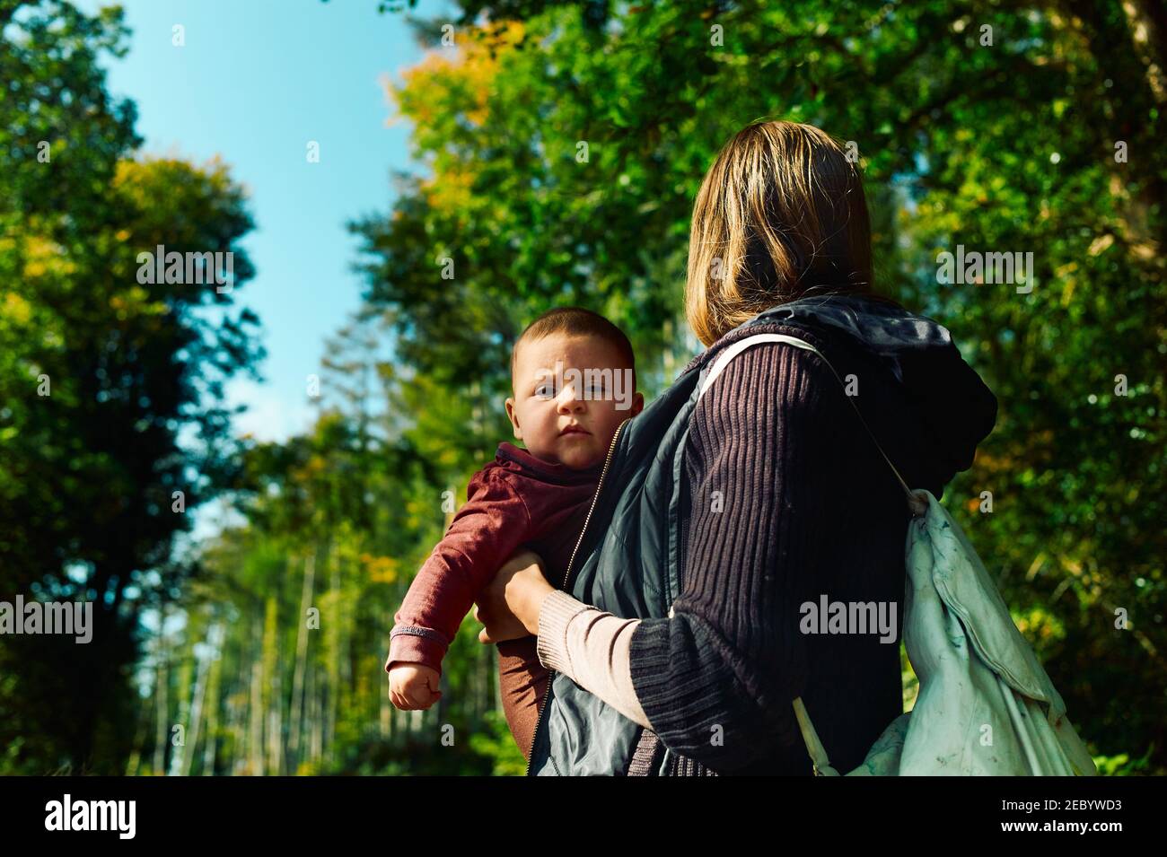 A young mother with her baby in a sling is standing in the woods on a sunny autumn day Stock Photo