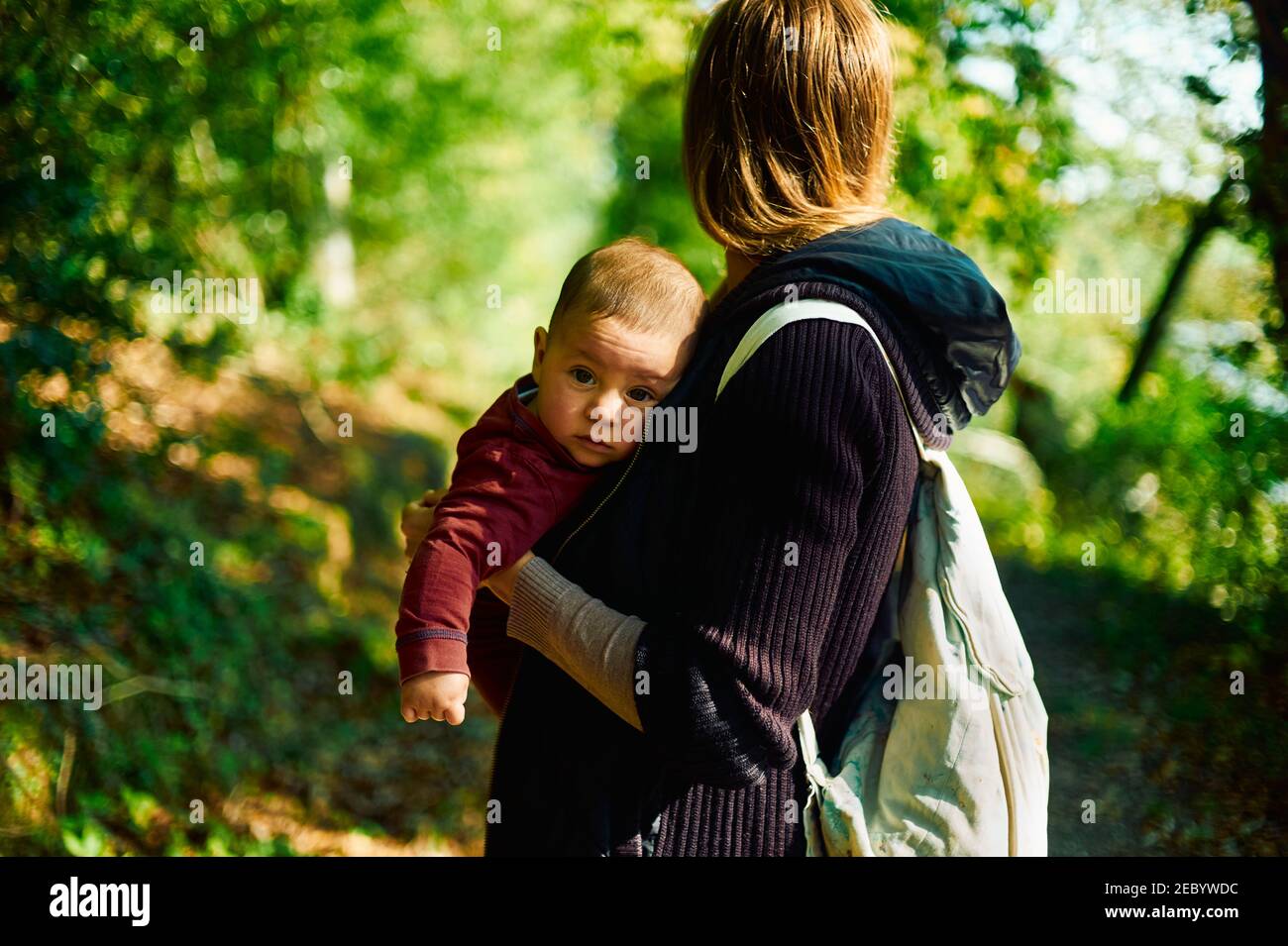 A young mother with her baby in a sling is standing in the woods on a sunny autumn day Stock Photo