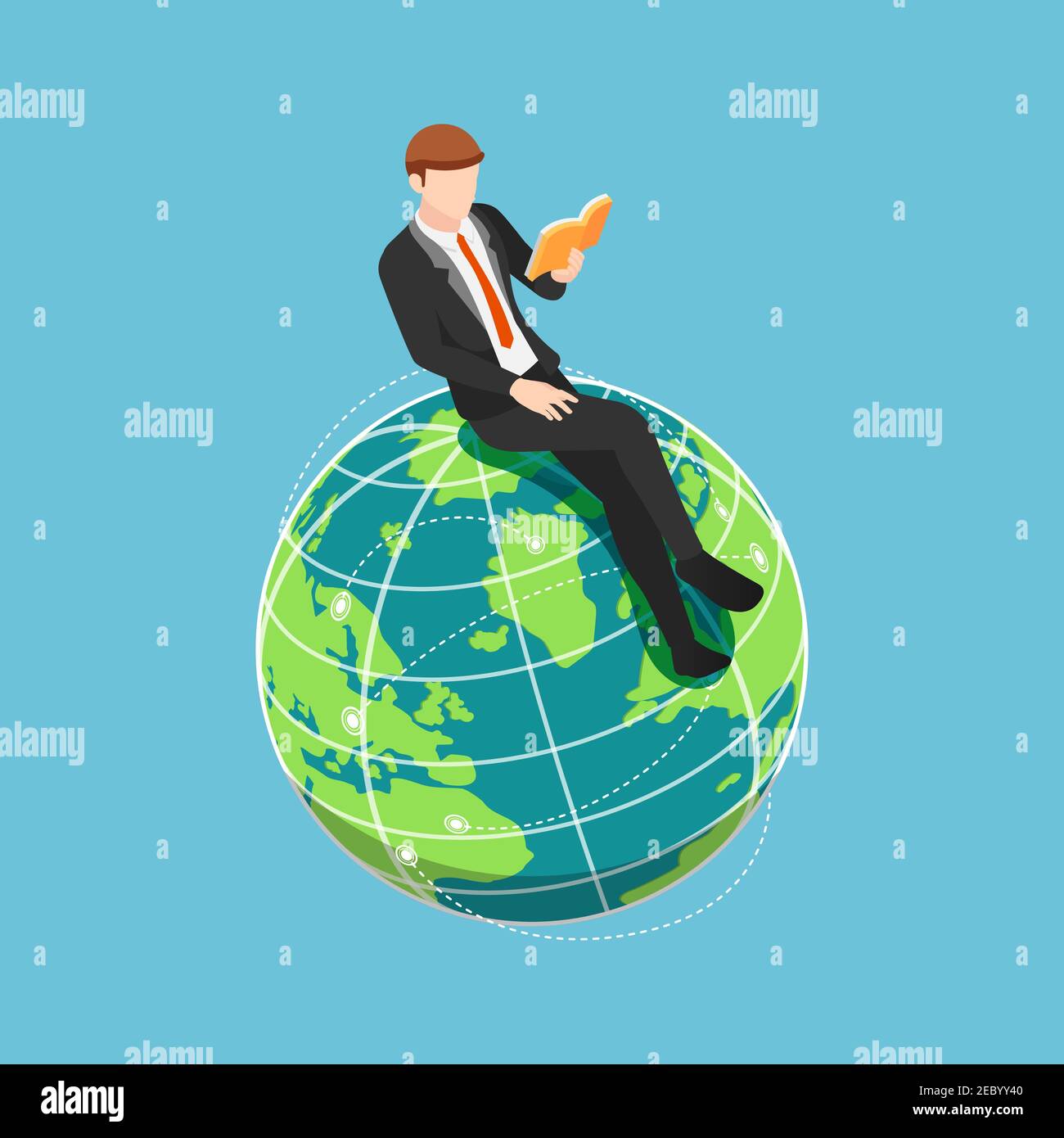 Flat 3d Isometric Businessman Sitting and Reading Book on The World ...