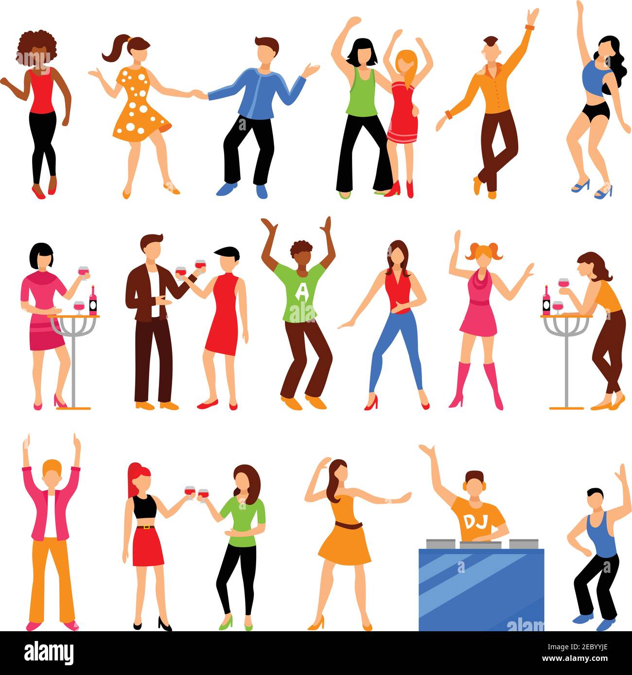 Dancing and drinking people at disco party icons set flat isolated ...