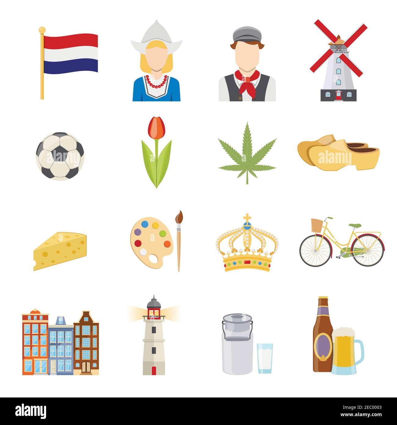Colorful netherlands symbols and dutch culture flat icons set on white background isolated vector illustration Stock Vector