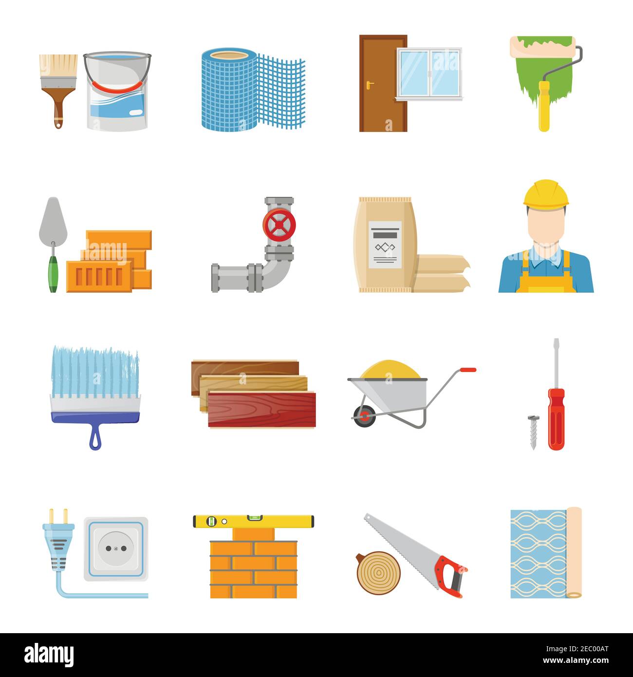 Various construction materials builder and tools icons set on white background flat isolated vector illustration Stock Vector