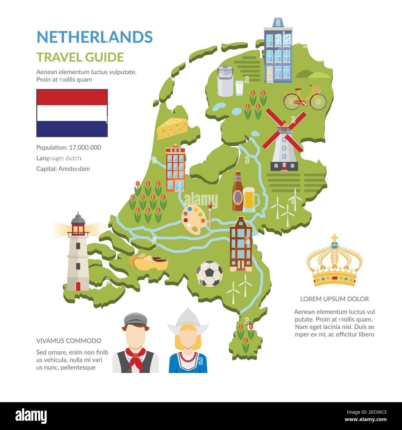 Flat design netherlands travel guide infographics presenting green map with dutch symbols flag and national costumes on white background vector illust Stock Vector