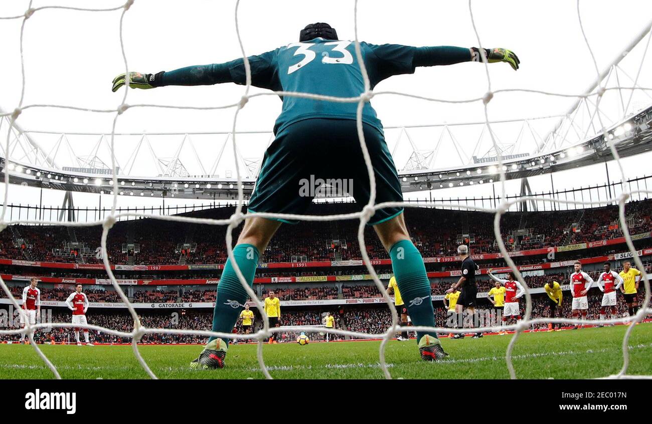 Soccer Football - Premier League - Arsenal vs Watford - Emirates Stadium, London, Britain - March 11, 2018   Arsenal's Petr Cech before saving a penalty from Watford's Troy Deeney    REUTERS/Eddie Keogh    EDITORIAL USE ONLY. No use with unauthorized audio, video, data, fixture lists, club/league logos or 'live' services. Online in-match use limited to 75 images, no video emulation. No use in betting, games or single club/league/player publications.  Please contact your account representative for further details. Stock Photo