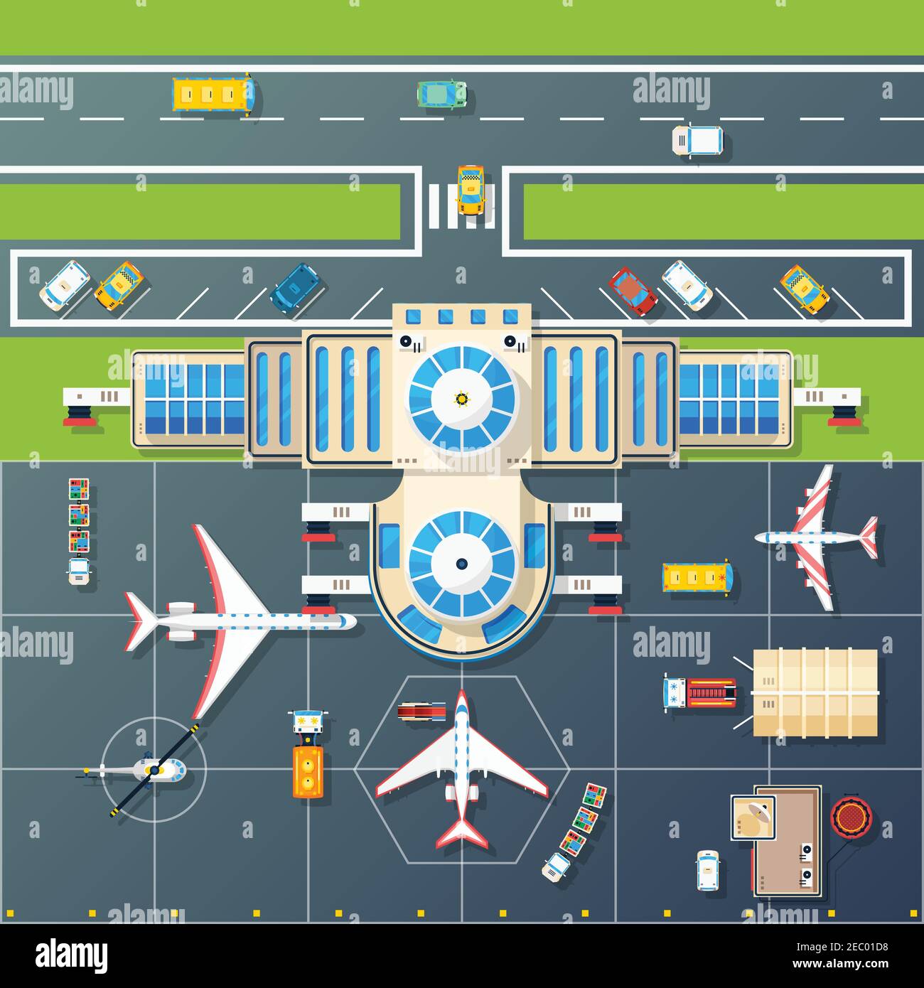Airport building and parking airfield area for planes and helicopter with motorway top view abstract vector illustration Stock Vector