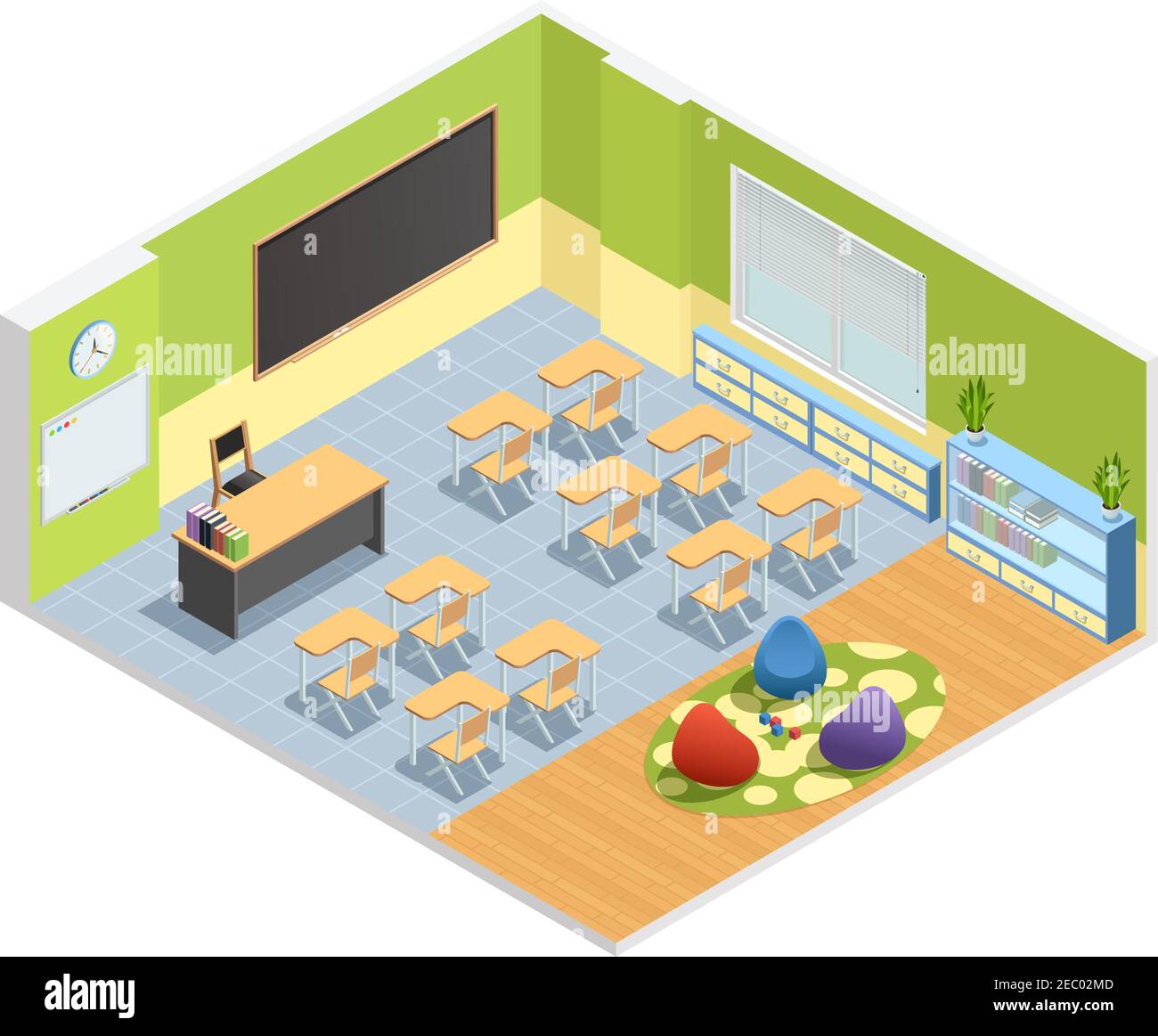 Isometric poster of classroom with chalkboard table for teacher ...