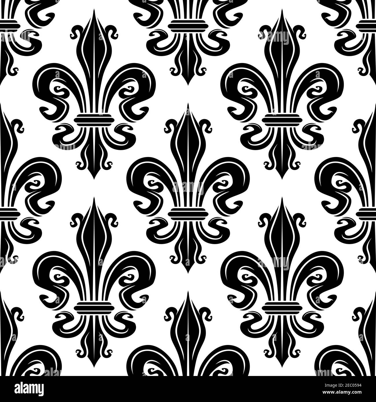 Seamless french royal lilies black and white floral pattern of ornamental fleur-de-lis elements. Use as vintage wallpaper, fabric or interior accessor Stock Vector