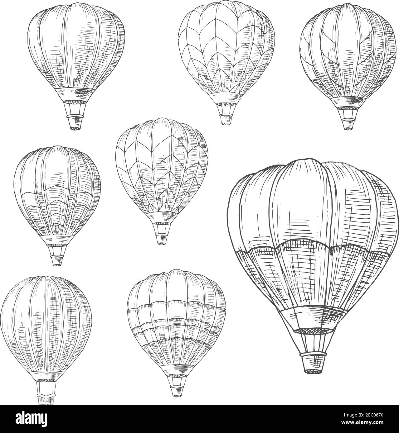 Hot air balloons in flight with decorative inverted teardrop shaped envelopes and wicker baskets. Romantic air travel, adventure or tourism design usa Stock Vector