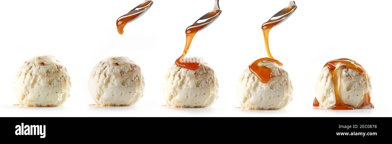 ice cream with caramel sauce isolated on white background Stock Photo ...